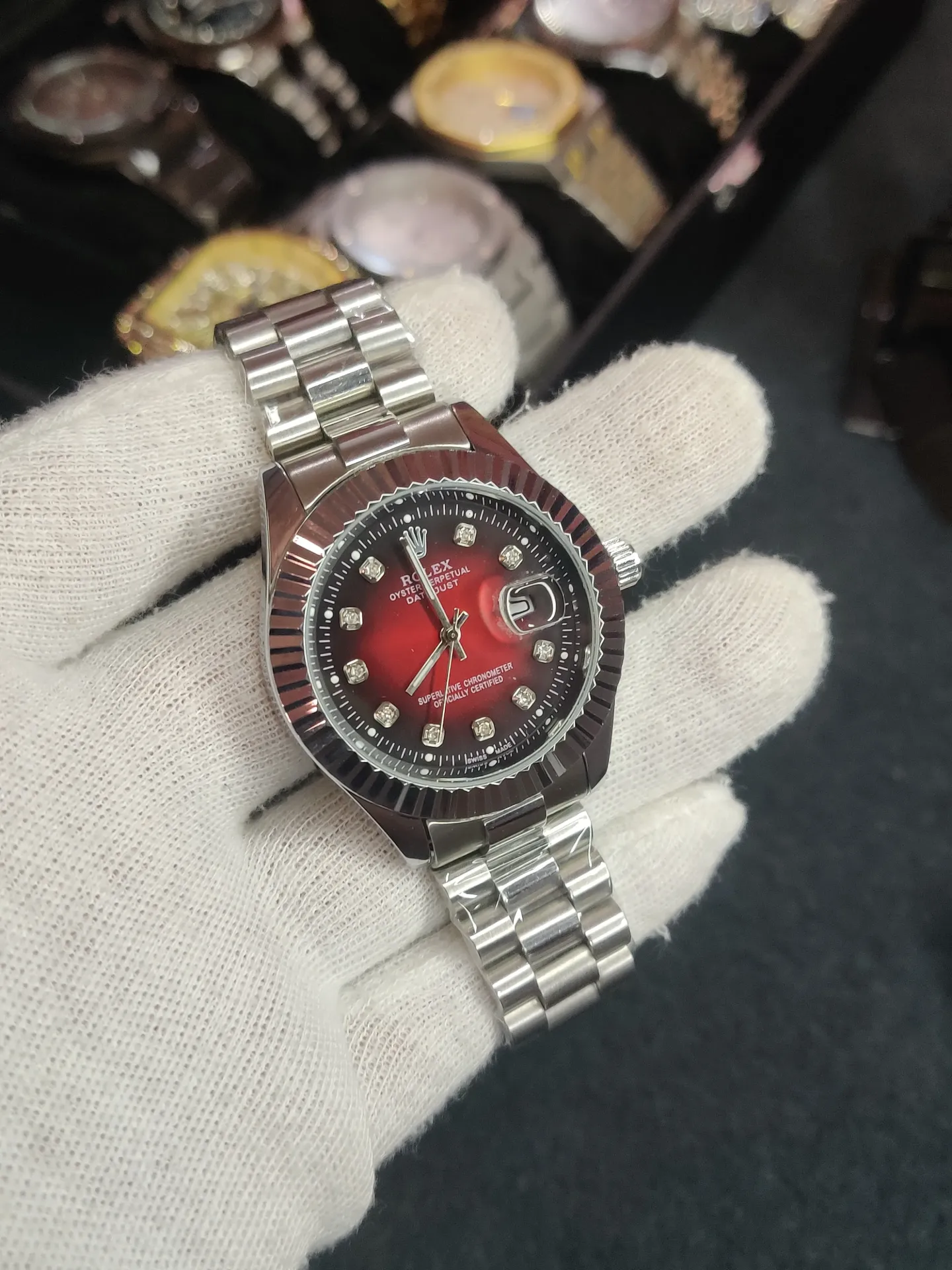 Rolex Silver Chain- Wine Dial