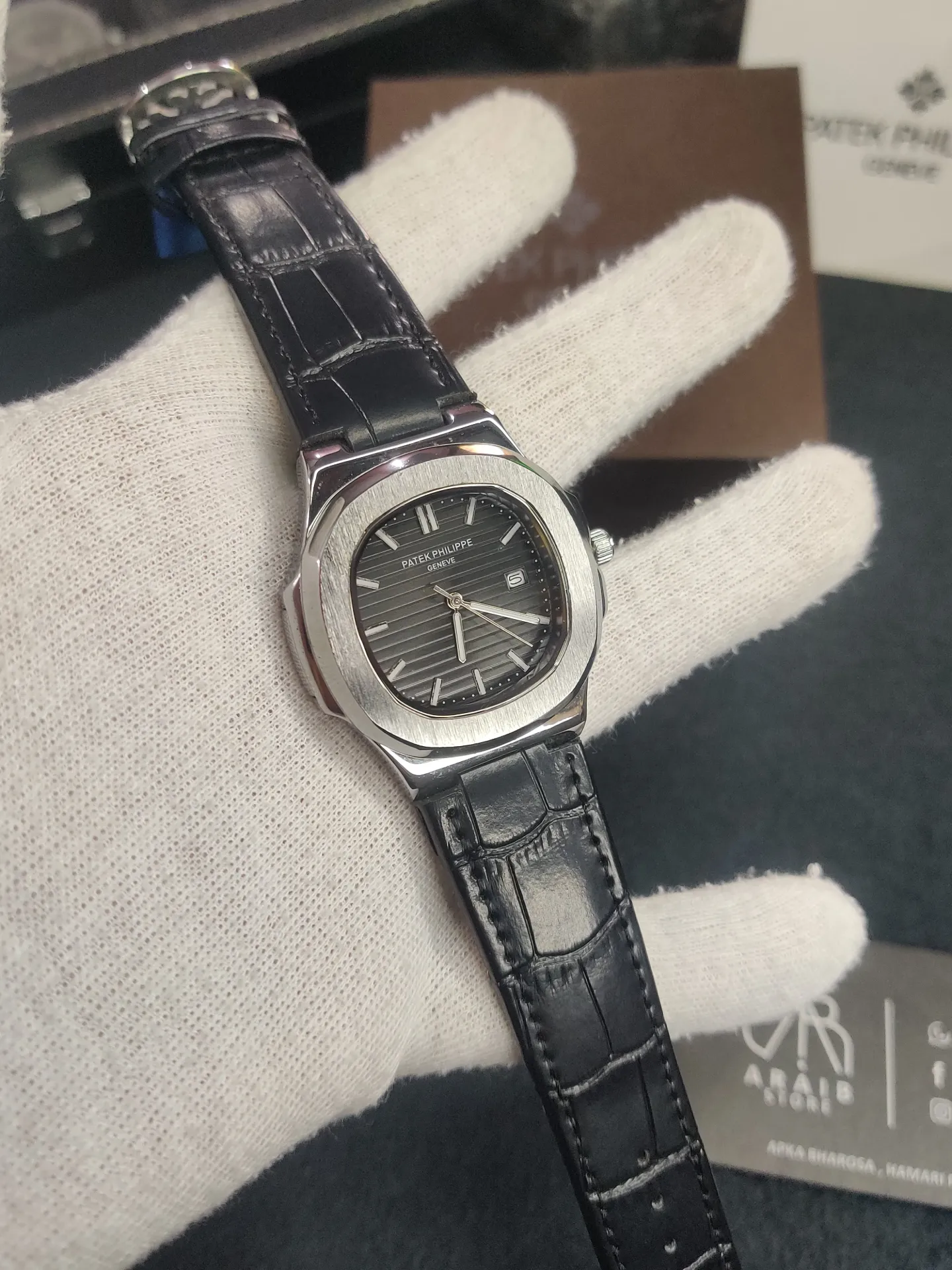 PP leather strap- Silver bazel & Black dial