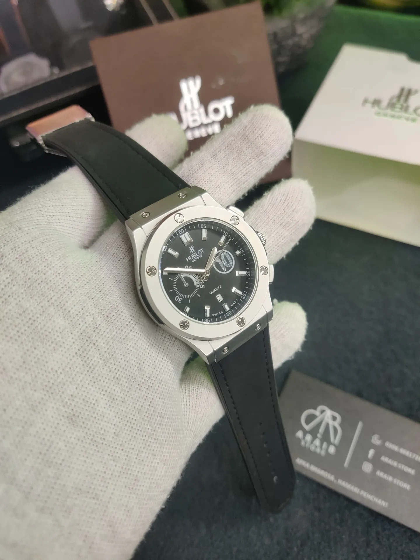 Hublot silicon/leather strap- Black chronograph dial