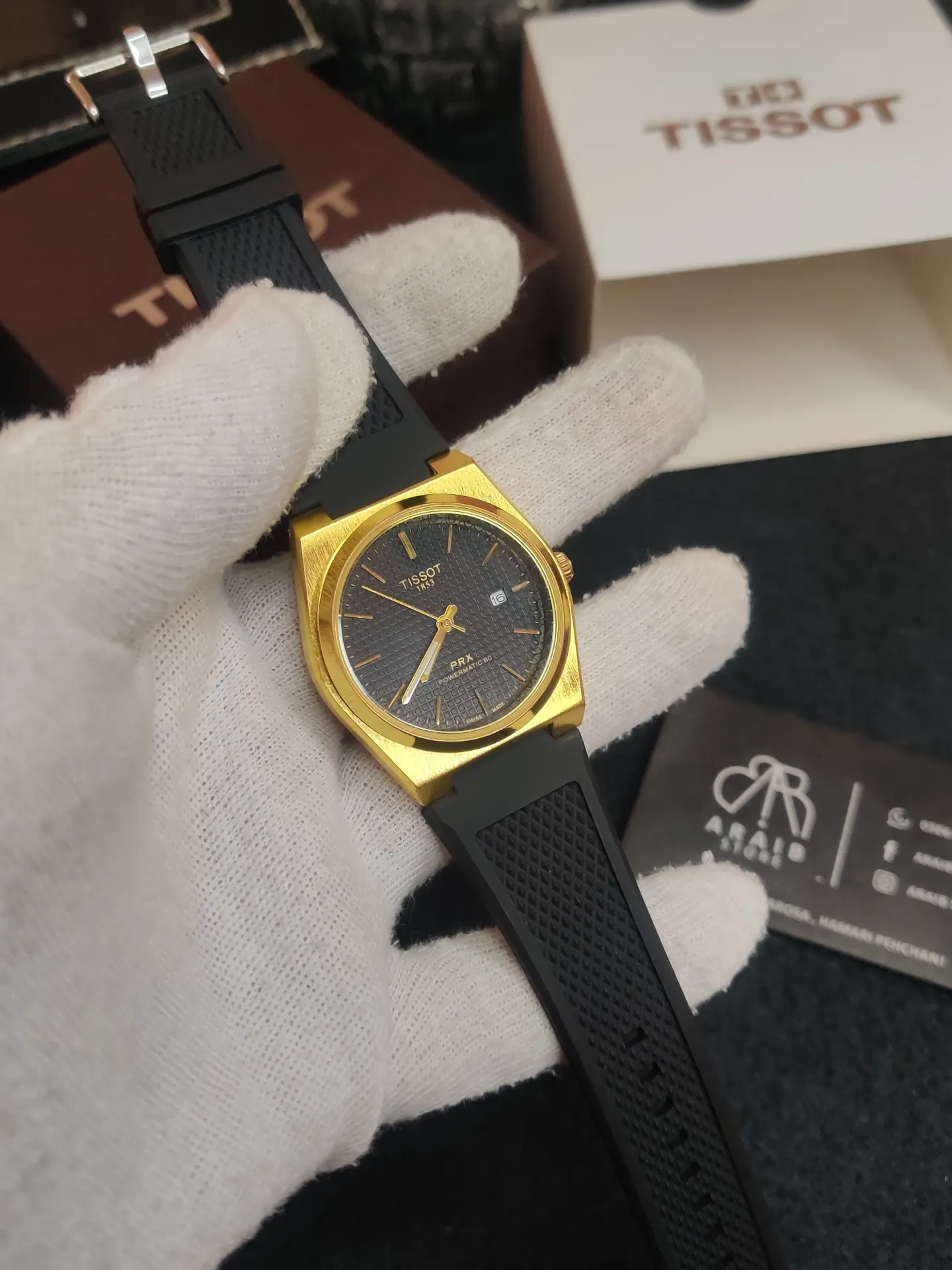 Tissot silicon strap- Gold bazel black dial